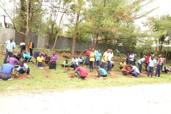 Students from Lions High School planting tree seedlings donated by CEMASTEA staff during the STEM outreach Programme in Kisumu County