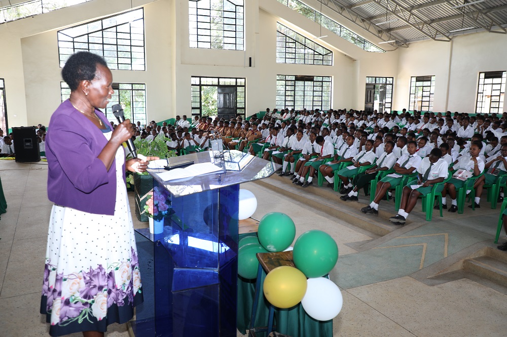 Industrial Chemist Prof. Hellen Njeri delivers a talk on women and Science and Technology at Mulango Girls High School in Kitui County to mark the International Day for Women and Girls in Science. 